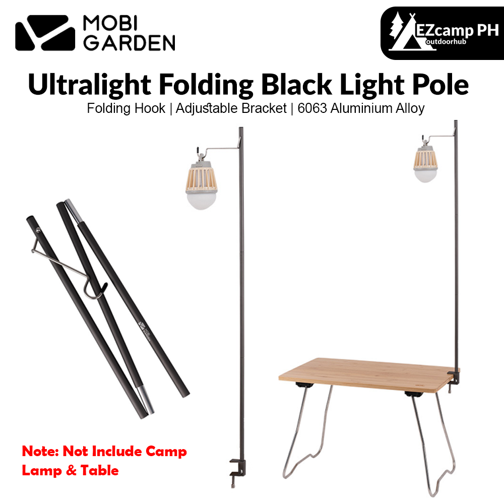 MOBI GARDEN Ultralight Folding Black Light Pole Outdoors Portable Lamp Shelf Aluminum Alloy Table Lighting Lamp Holder Bracket Hook Shelf Tent