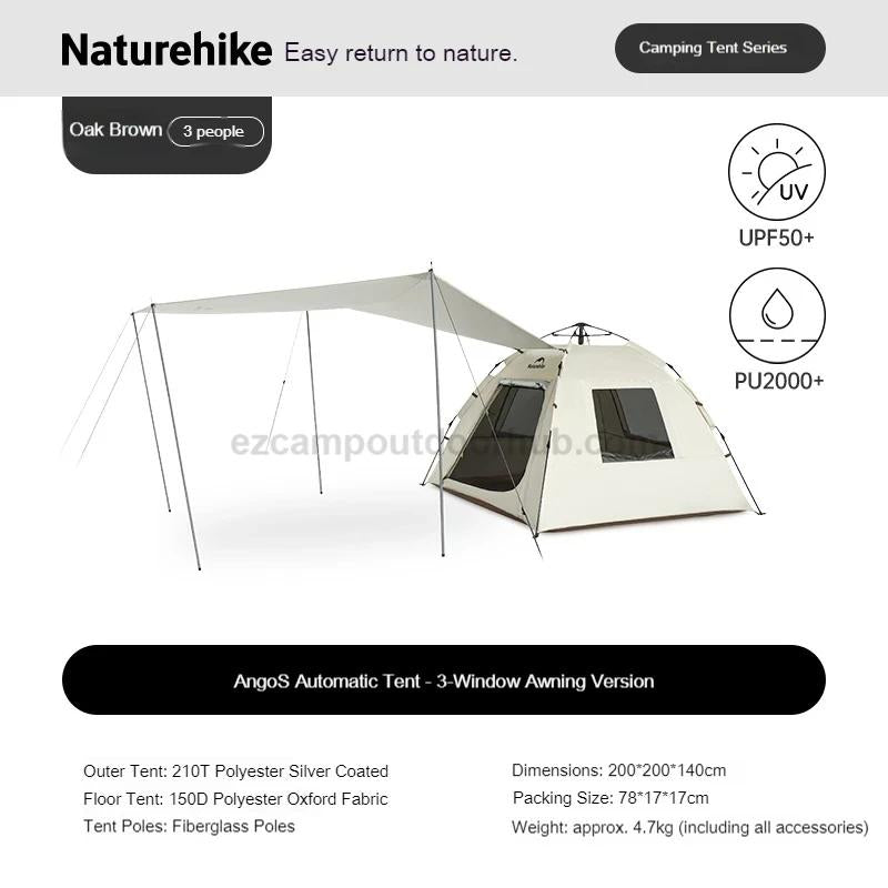 Naturehike ANGO S Fast Automatic Tent 3 Persons Multiple Combination Spacious Interior Waterproof 210T Silver Coated Sunscreen With Optional Canopy