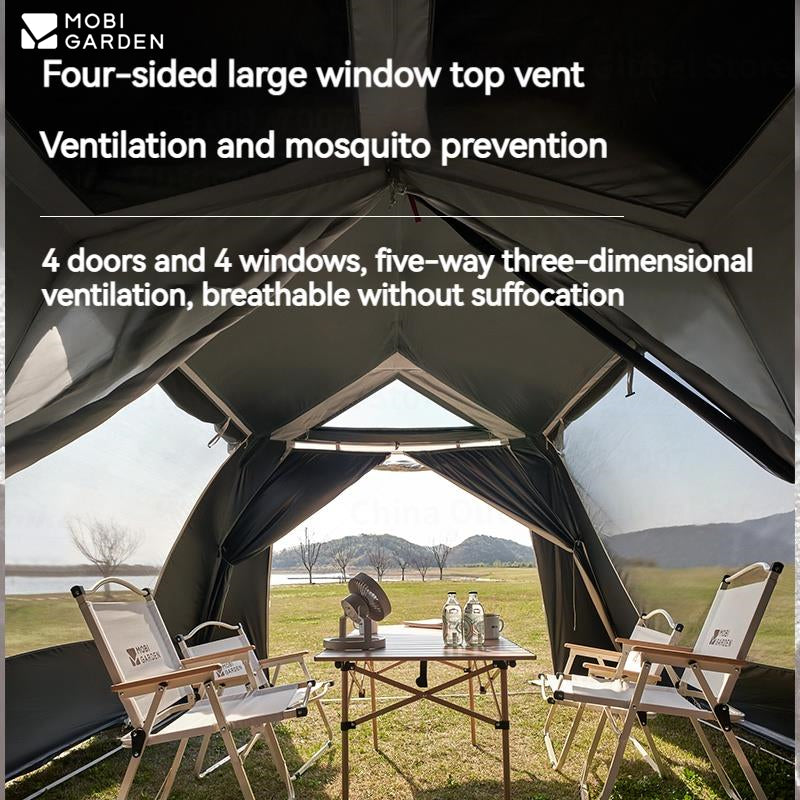 Mobi Garden HOLIDAY 13 Vinyl Coated Version Cabin Style 2 Room Large Fast Build Automatic Tent 27m² Use Space Breathable 4 Door 6 Windows Camping Tent