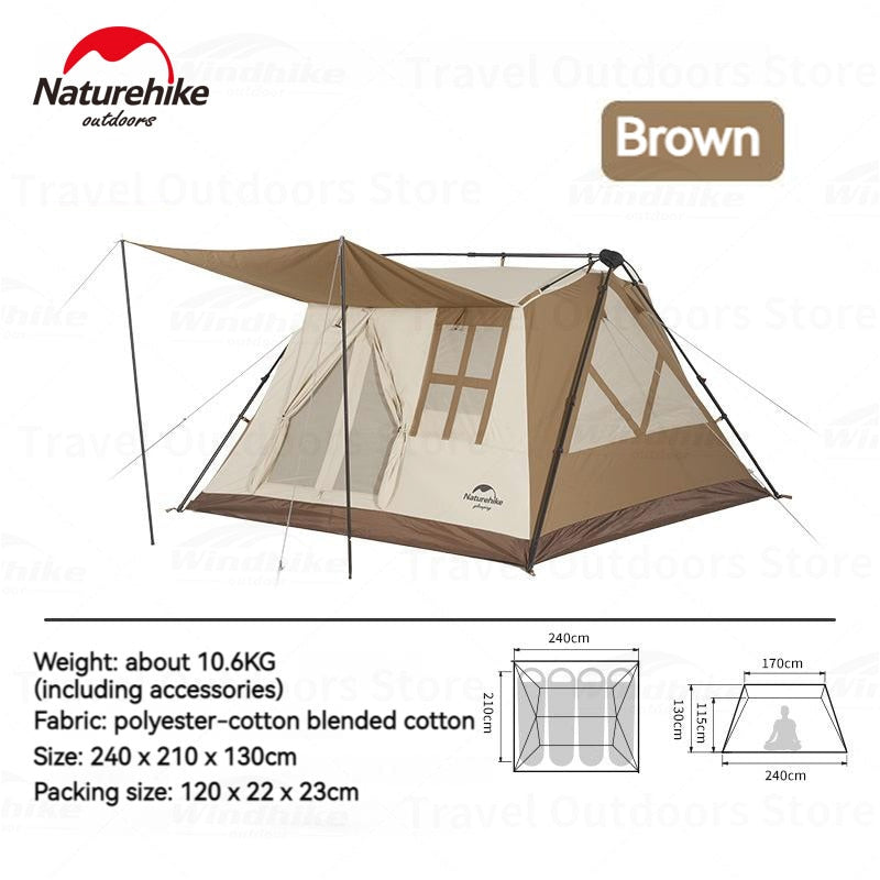 Naturehike A-TYPE Series Cabin Style Outdoor Waterproof Tent for 4 Person Automatic Poles Breathable Blended Cotton Fast Quick Easy Build Shelter