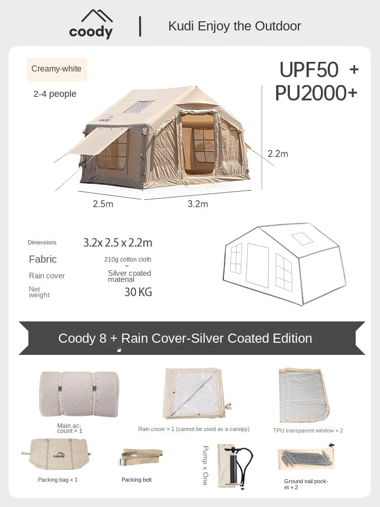 Coody Premium Cabin AIR 8.0 Air Inflatable Tent 4-6 Person 8m² Interior Space Blended Cotton Waterproof Outdoor Camping Black Vinyl Coated Sunscreen Rain Cover