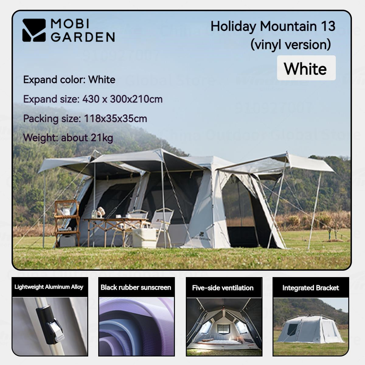 Mobi Garden HOLIDAY 13 Vinyl Coated Version Cabin Style 2 Room Large Fast Build Automatic Tent 27m² Use Space Breathable 4 Door 6 Windows Camping Tent