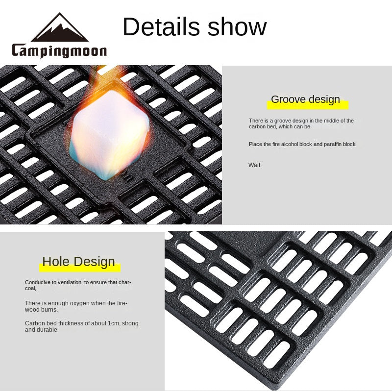 CAMPINGMOON Outdoor Camping Barbecue Fire Table Cast Iron Carbon Bed Durable Grill Thick Cast Iron Square BBQ Roasting Coal Rack Stable Coal Bed