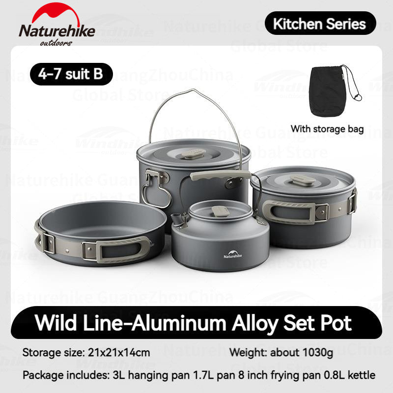 Naturehike Aluminum Alloy Set Pots Portable Lightweight Tableware Pot Frying Pan Kettle Folding Handle Camping Outdoor Hiking Travel Picnic Stackable Cookware