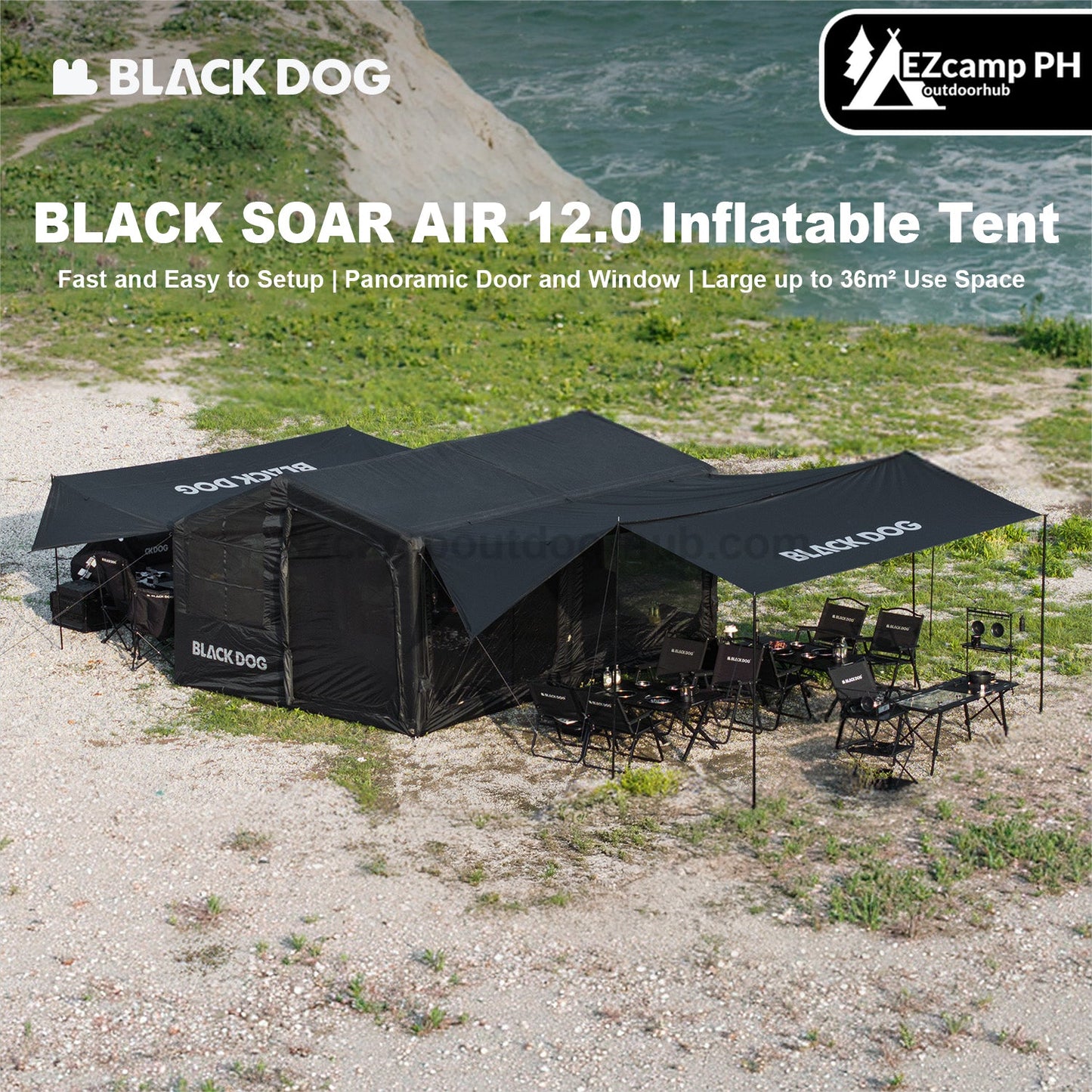 Blackdog BLACK SOAR AIR 12.0 Inflatable Cabin Style Tent Fast Build PVC Air Frames 210D Black Vinyl Coated Sunscreen Waterproof Panoramic View 6-8 Person