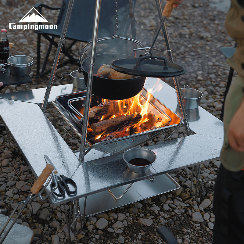Campingmoon T-503 Stove Grill Table Outdoor Portable Multifunction Stainless Steel Fireplace Folding Gathering Barbecue Table Detachable Board