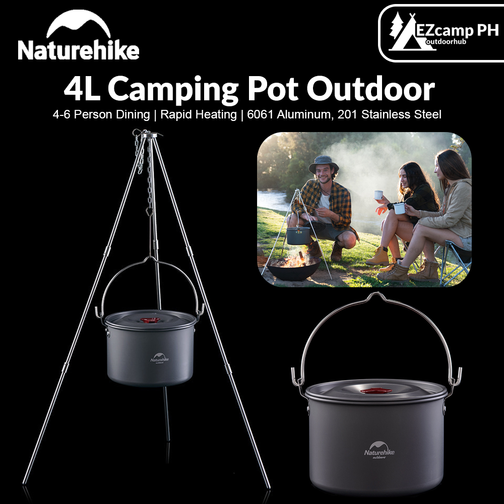 Naturehike 4L Camping Pot Outdoor Portable Ultralight Hanging Picnic Pot Set Hook Hang Tripod 4-6 Person Cookware Tableware Utensils Aluminum Alloy