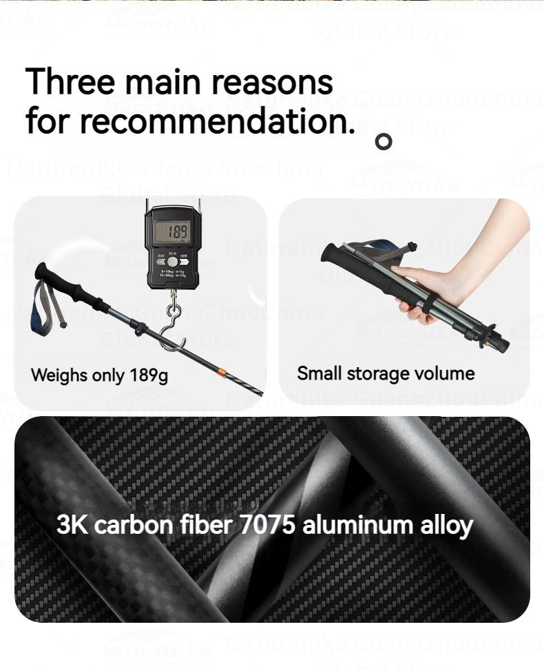 Naturehike UL Pro Mountaineering Stick Portable Ultralight 5-Section Folding Telescopic Walking Stick Pole Carbon Fiber Trekking Hiking Canes