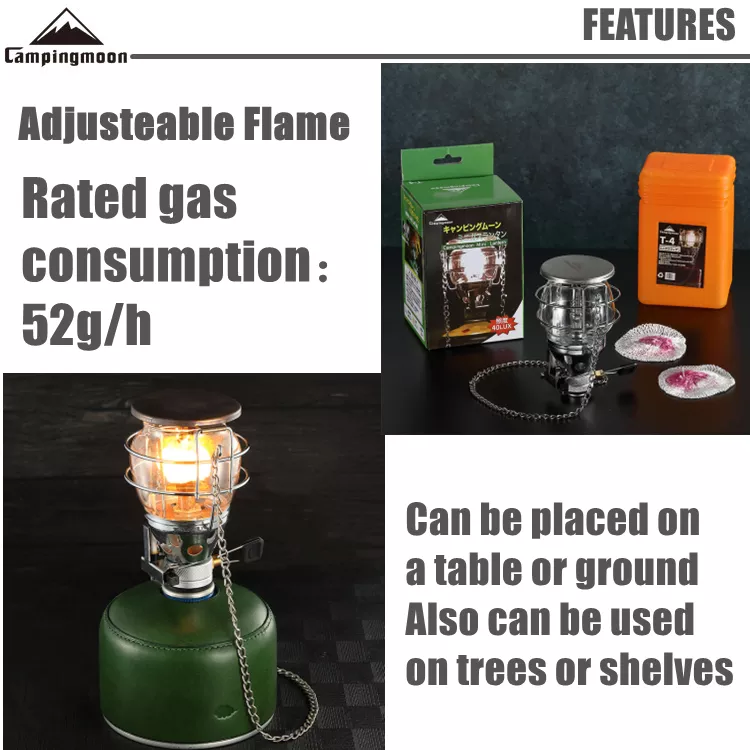 CAMPINGMOON T-4 Hanging Single Mantle Gas Butane Atmosphere Light Lantern Lamp For Screw Type Isobutane Fuel Pole Hang Light Electric Ignition Igniter