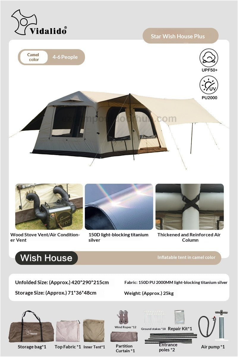 Vidalido WISH HOUSE PLUS 12 Air Inflatable Tent Fast Build 4-6 Persons Ti Silver Coated Sunscreen PVC Air Poles Full View Mesh 26m² Large Usable Space