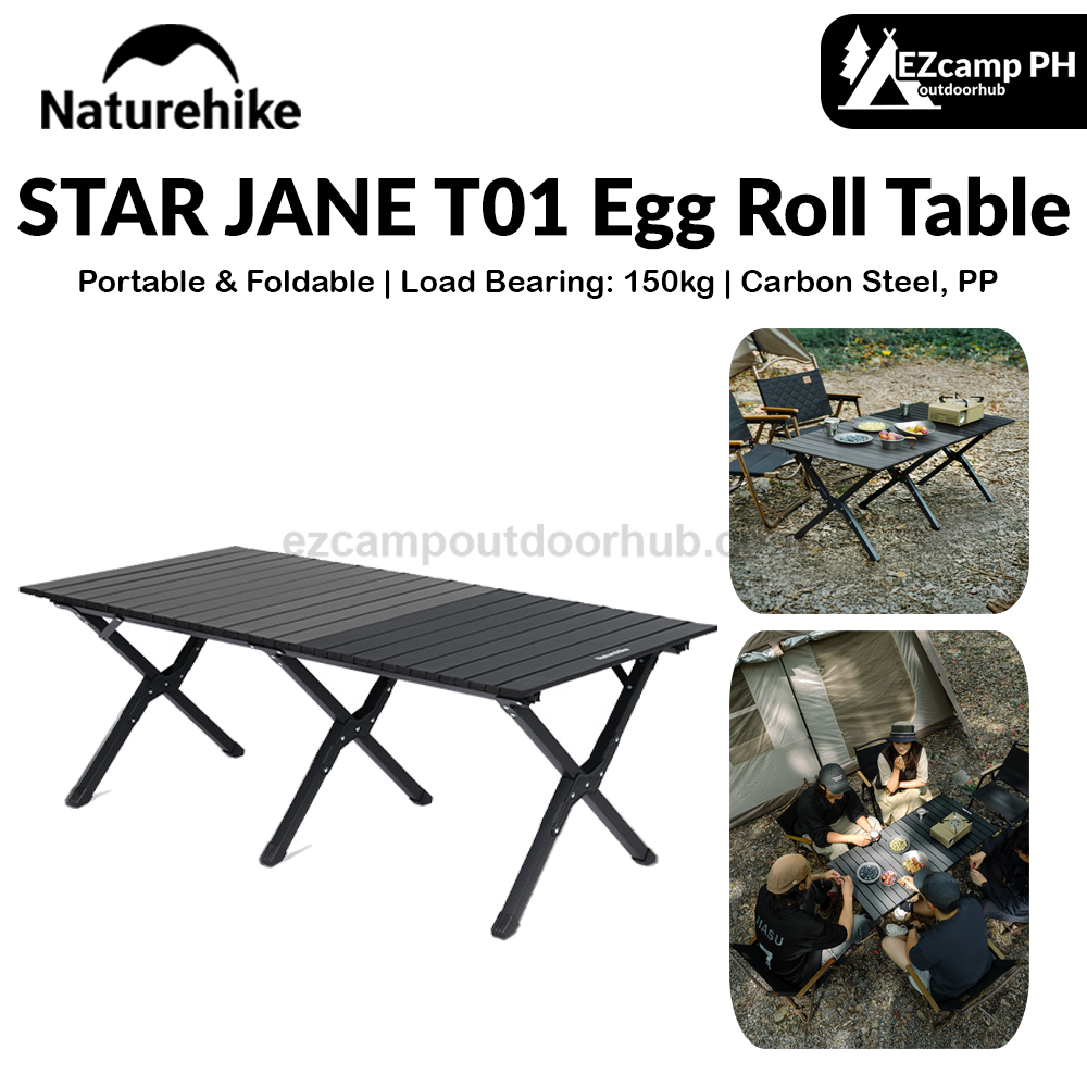 Naturehike STAR JANE T01 Egg Roll Table Portable Foldable Small Medium Large Sizes 150kg Max Load Folding Table Carbon Steel Black Khaki Carbon Steel Heavy Duty