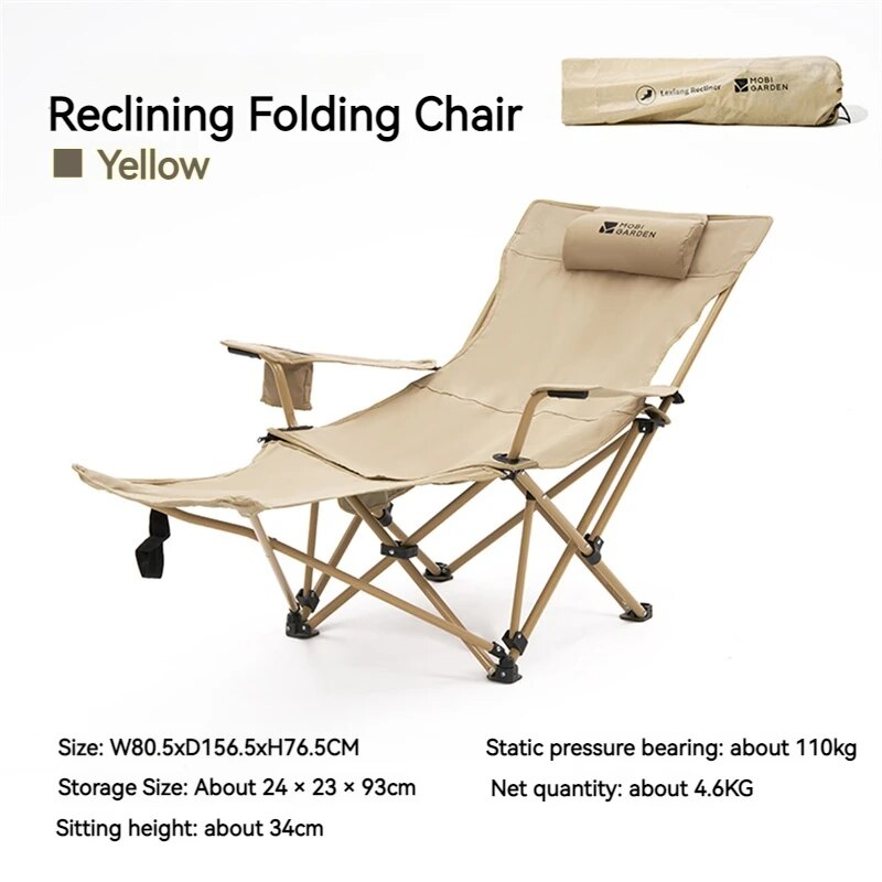 MOBI GARDEN HAPPY Recliner Chair Outdoor Folding Reclining Relax Full Lying Recline Armrest Seat 110kg Max Load Steel Iron Structure With Storage Bag