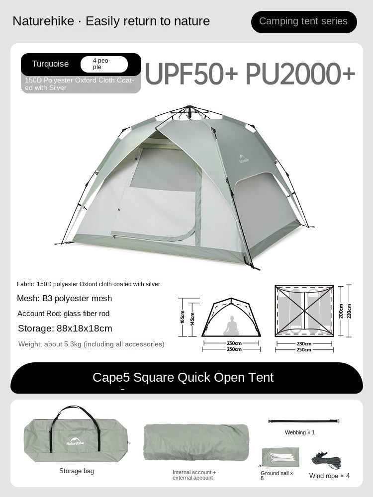 Naturehike CAPE 5 Fast Automatic Pop Up Tent 50+UPF Sun Protection Windproof Family Camping Hiking Travel Picnic Outdoor 3-4 persons Portable Camping Tent Heavy Duty Original Nature Hike