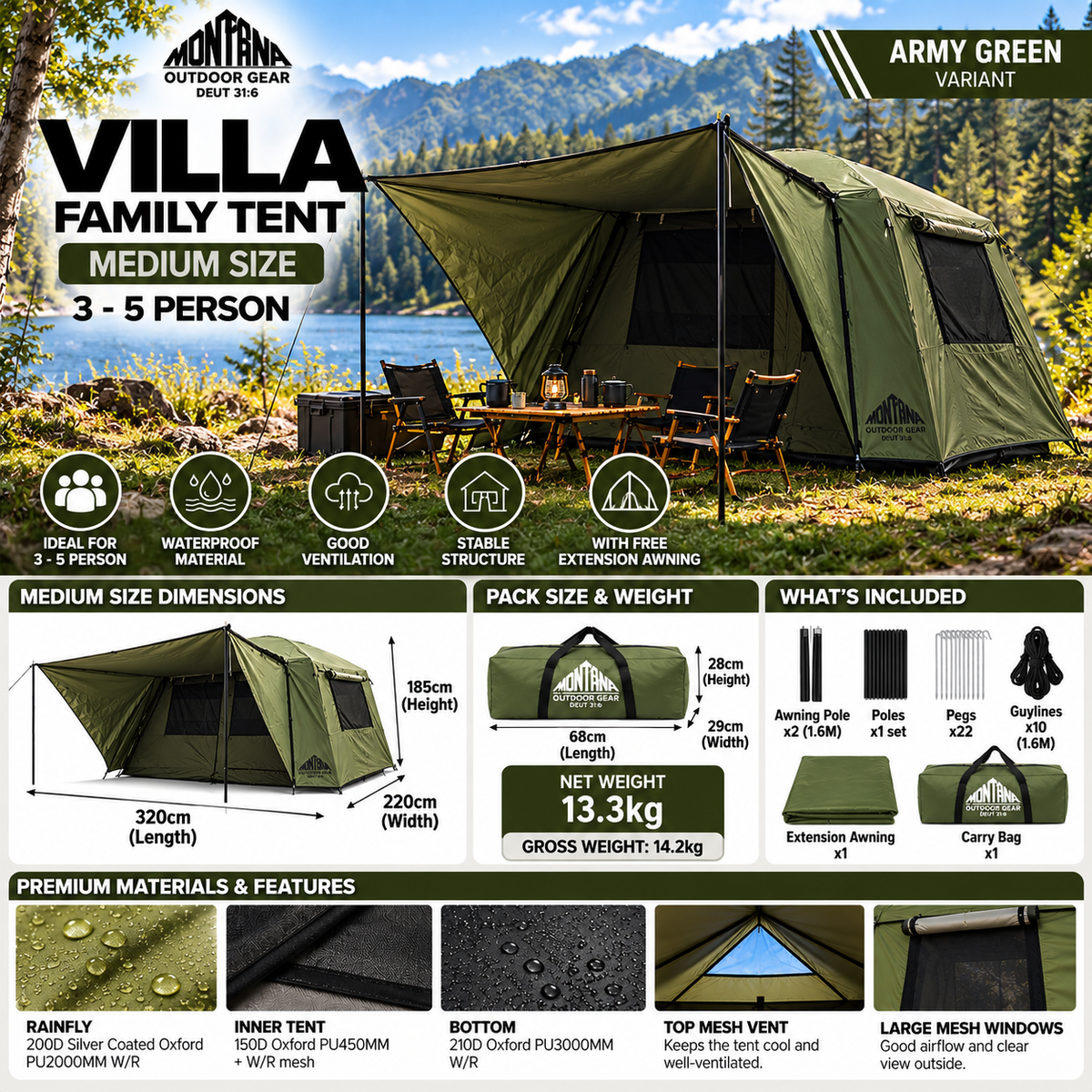 Montana VILLA Cabin Style Family Camping Tent Large Medium 5-8 Person Waterproof Manual Silver Coat