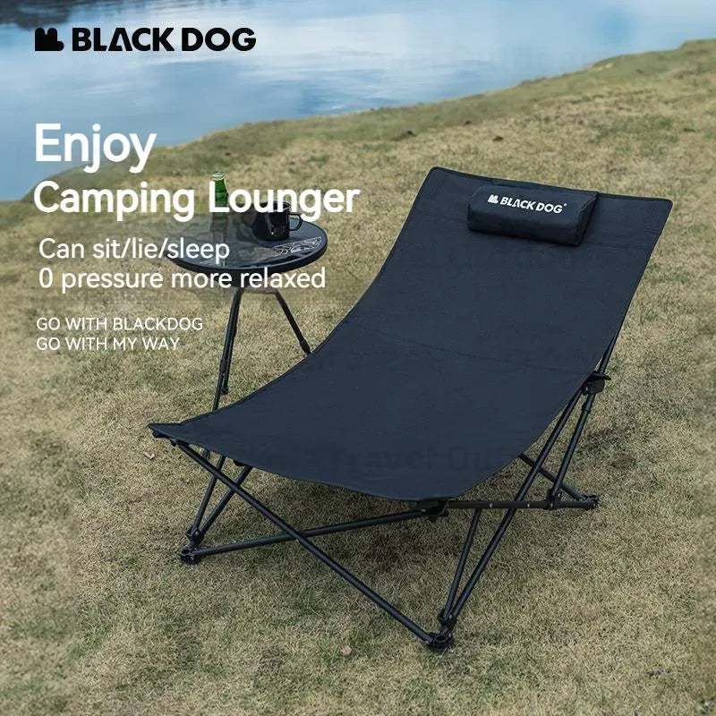 BLACKDOG Black Foldable Camping Lounger Portable Leisure Chair and Bed 2 in 1 Reclining Removable Headrest Pillow Folding Office Balcony Chair