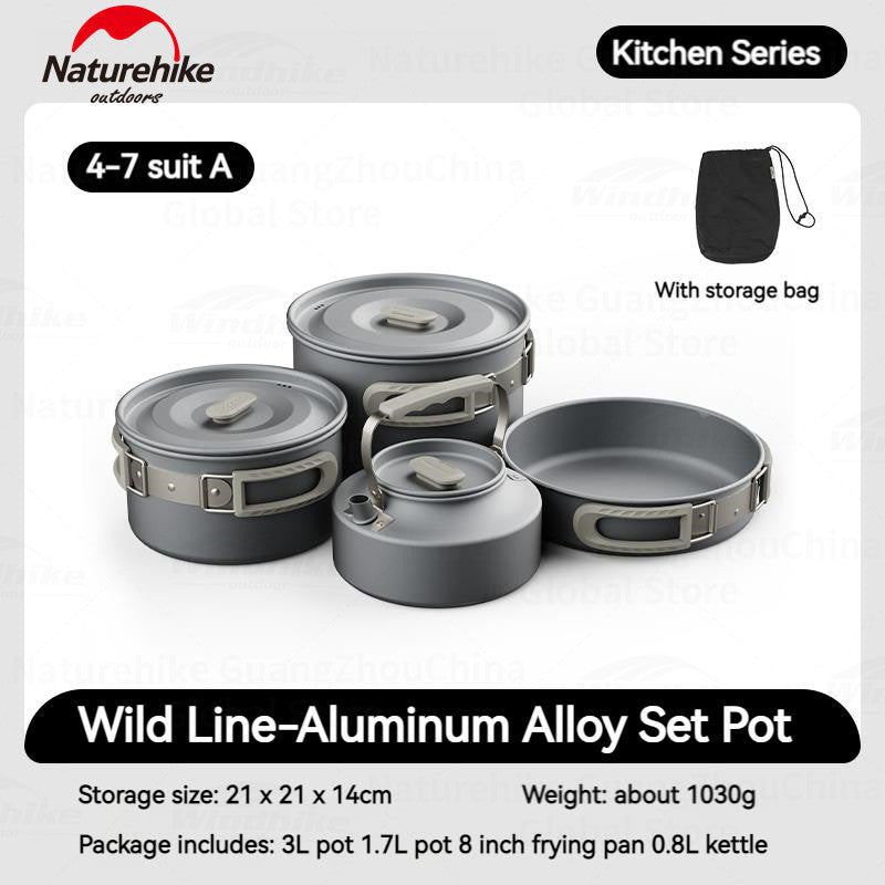Naturehike Aluminum Alloy Set Pots Portable Lightweight Tableware Pot Frying Pan Kettle Folding Handle Camping Outdoor Hiking Travel Picnic Stackable Cookware