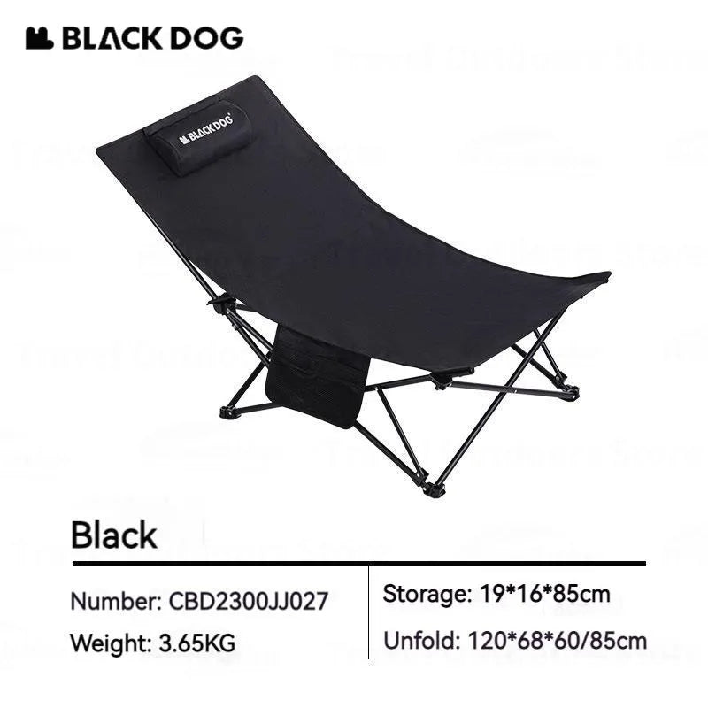 BLACKDOG Black Foldable Camping Lounger Portable Leisure Chair and Bed 2 in 1 Reclining Removable Headrest Pillow Folding Office Balcony Chair