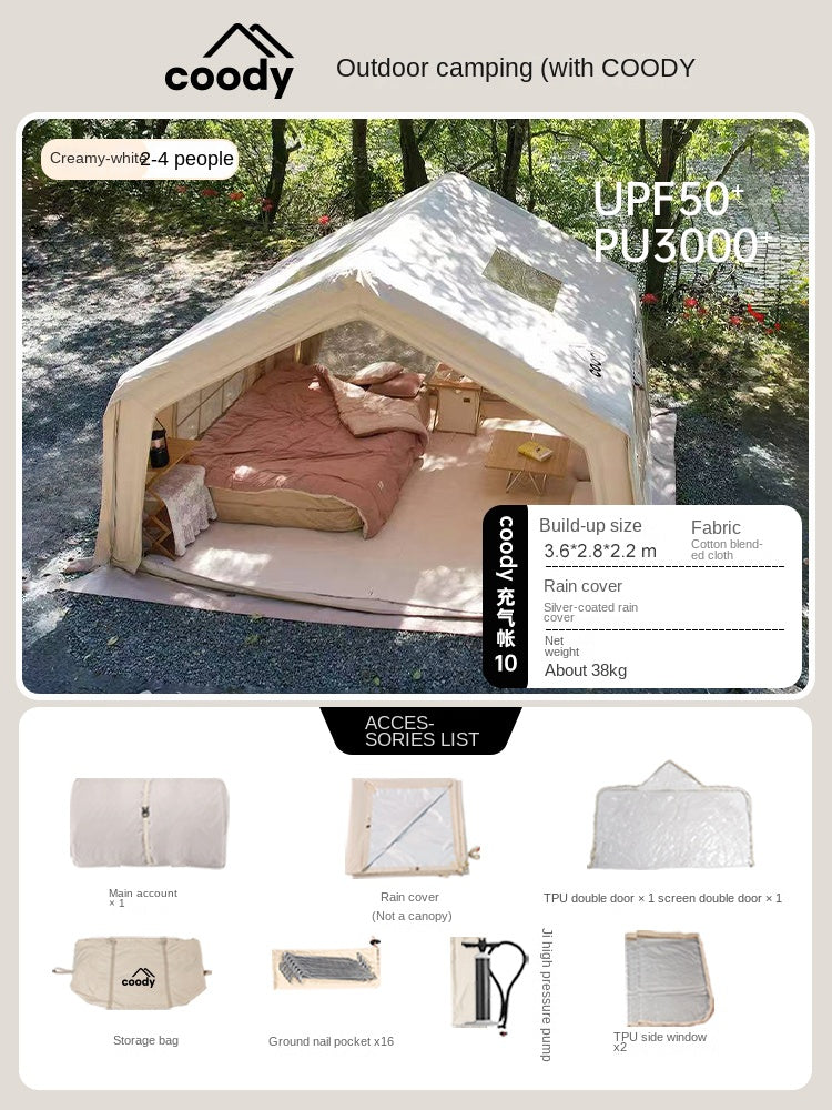 Coody AIR Cabin 10.0 Premium 4-6 Persons Inflatable Tent Blended Cotton PVC Air Pole Black Vinyl Coated Rain Cover Sunscreen 4 Season Rainproof Ridge Tent