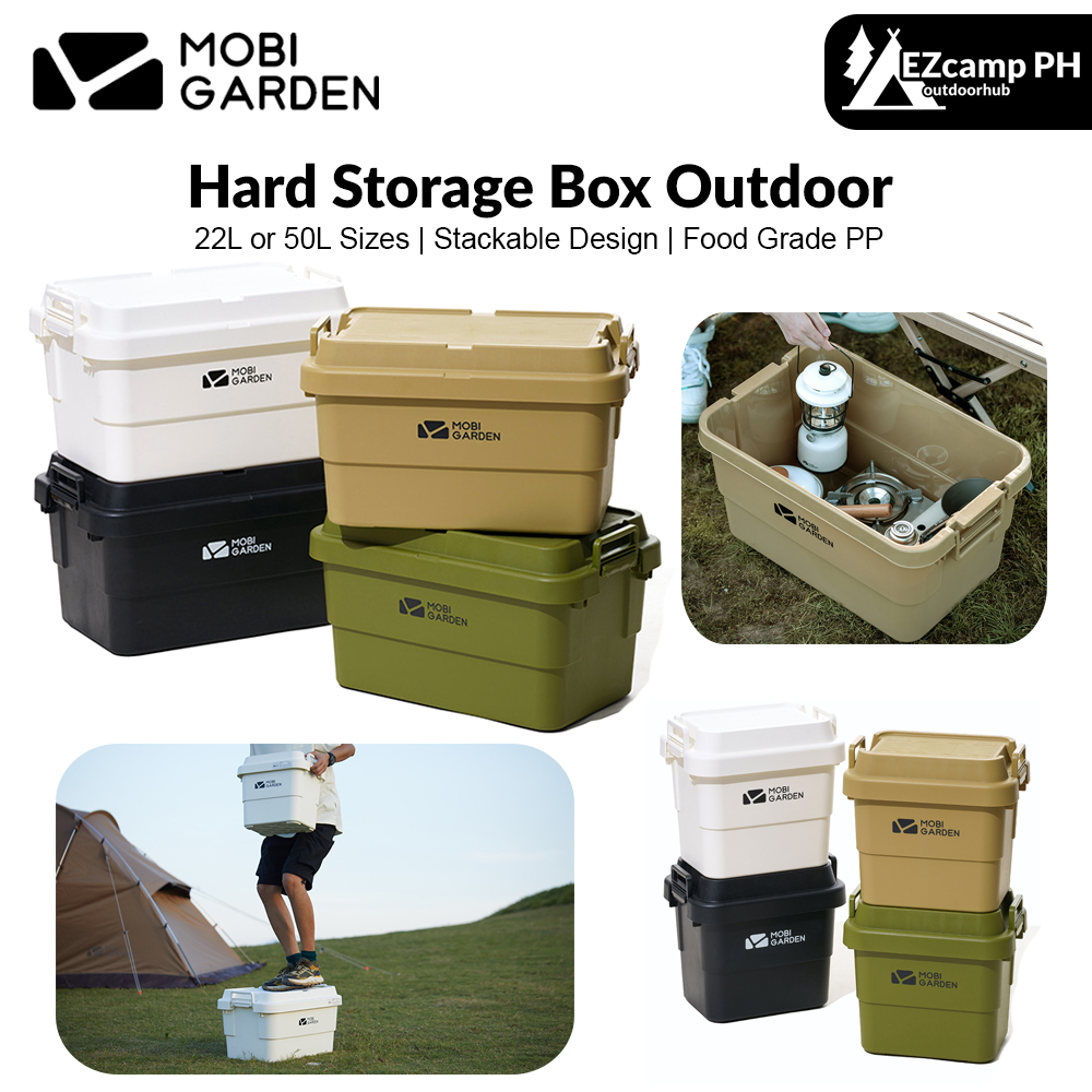 MOBI GARDEN Hard Storage Box Outdoor 22L/50L/50L PRO Large Capacity Portable Storage Bags Food Grade PP Material Box Table Stackable Camping Hiking Beach Picnic Travel Heavy Duty Original MobiGarden