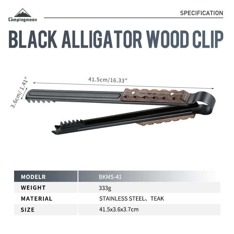Campingmoon BKMS-41 Black Stainless Steel Premium Charcoal BBQ Grill Tong Alligator Clip Large Size Heat Resistant Teak Wood Handle Outdoor Camping Picnic Tool Camping Moon
