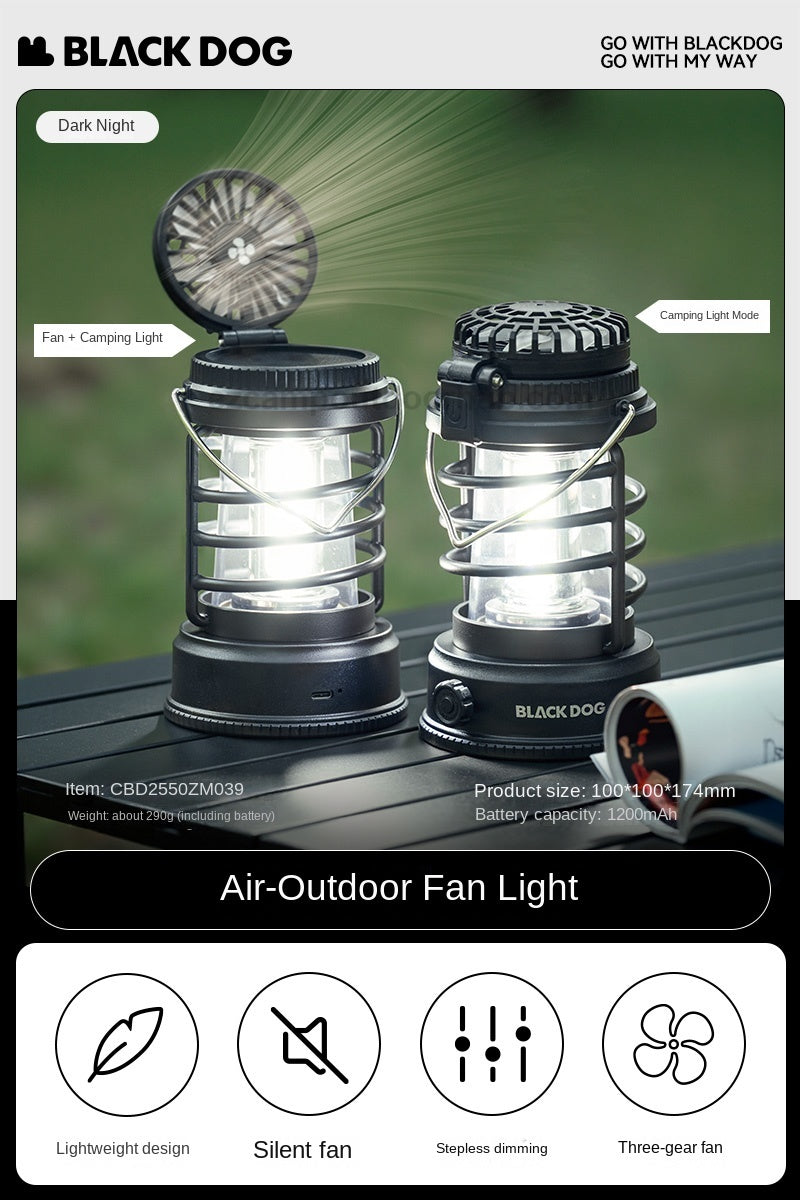 Blackdog BLACK SEAL 2 in 1 Lantern Fan Multipurpose LED Camping Lamp Light 3 Adjustable Speed Stepless Dimming USB Charging 1200mAh Battery Outdoor