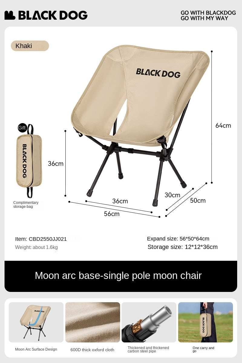 BLACKDOG Black Foldable Moon Chair Portable Ultralight Folding Recliner Lounge Fishing Director's Chair Up to 130kg Aluminum Alloy Camping Outdoor