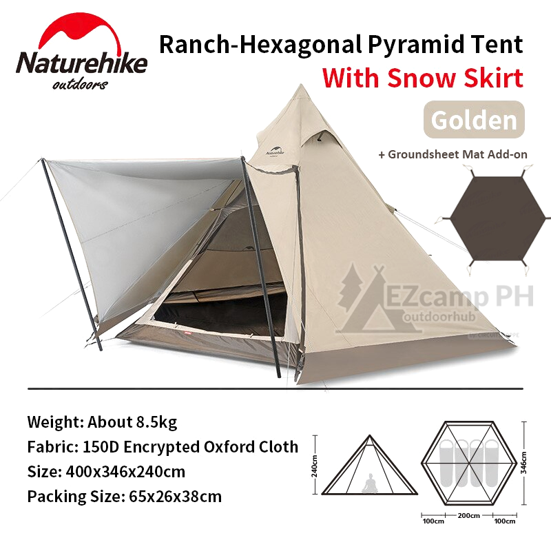 Naturehike RANCH Series Hexagonal Tipi Style Pyramid Camping Tent for 3 to 4 Person with Skirt Waterproof Hexagon 2 Door Hall Outdoor Shelter Bell