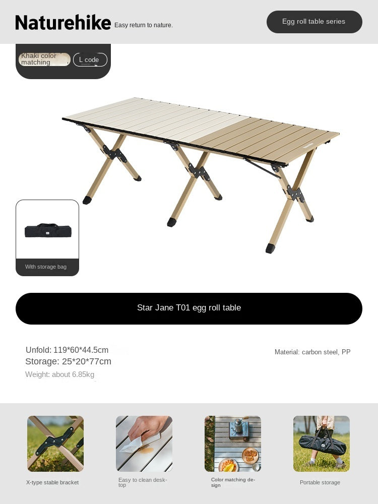 Naturehike STAR JANE T01 Egg Roll Table Portable Foldable Small Medium Large Sizes 150kg Max Load Folding Table Carbon Steel Black Khaki Carbon Steel Heavy Duty