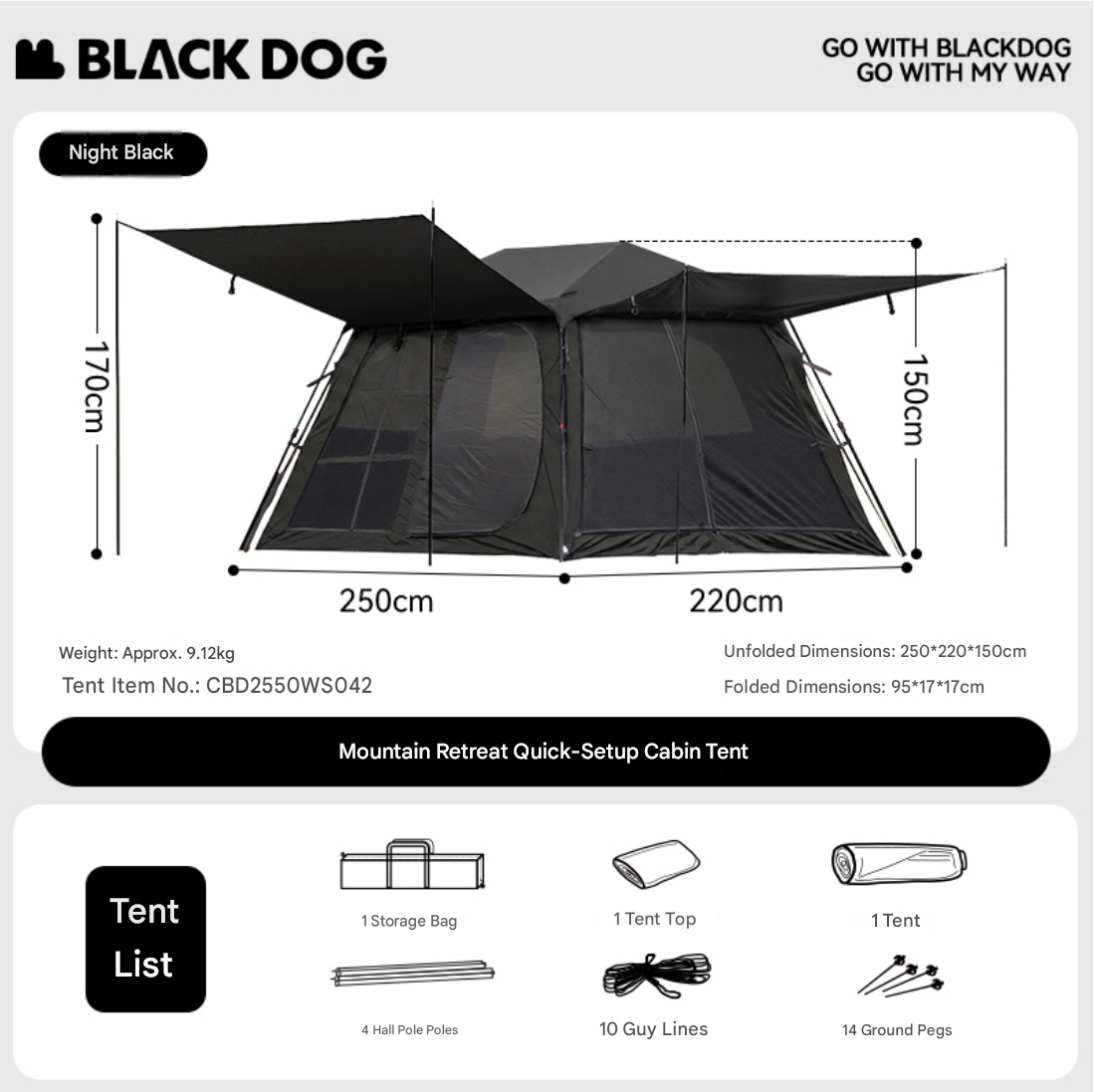 Blackdog MOUNT HOLIDAY 5.5 Fast Automatic Tent Cabin Style Black Vinyl Coated Sunscreen 2-4 Persons 360° Panoramic View Extended Awning Canopy Outdoor