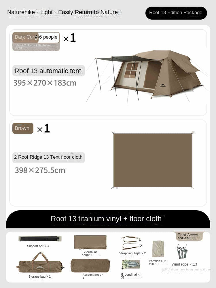 Naturehike 2026 VILLAGE 13 PRO Automatic Tent Fast Build Cabin Style Tent 6-8 Persons Large 24m² Usable Space Aluminum Frame Ti Black Coated Sunscreen