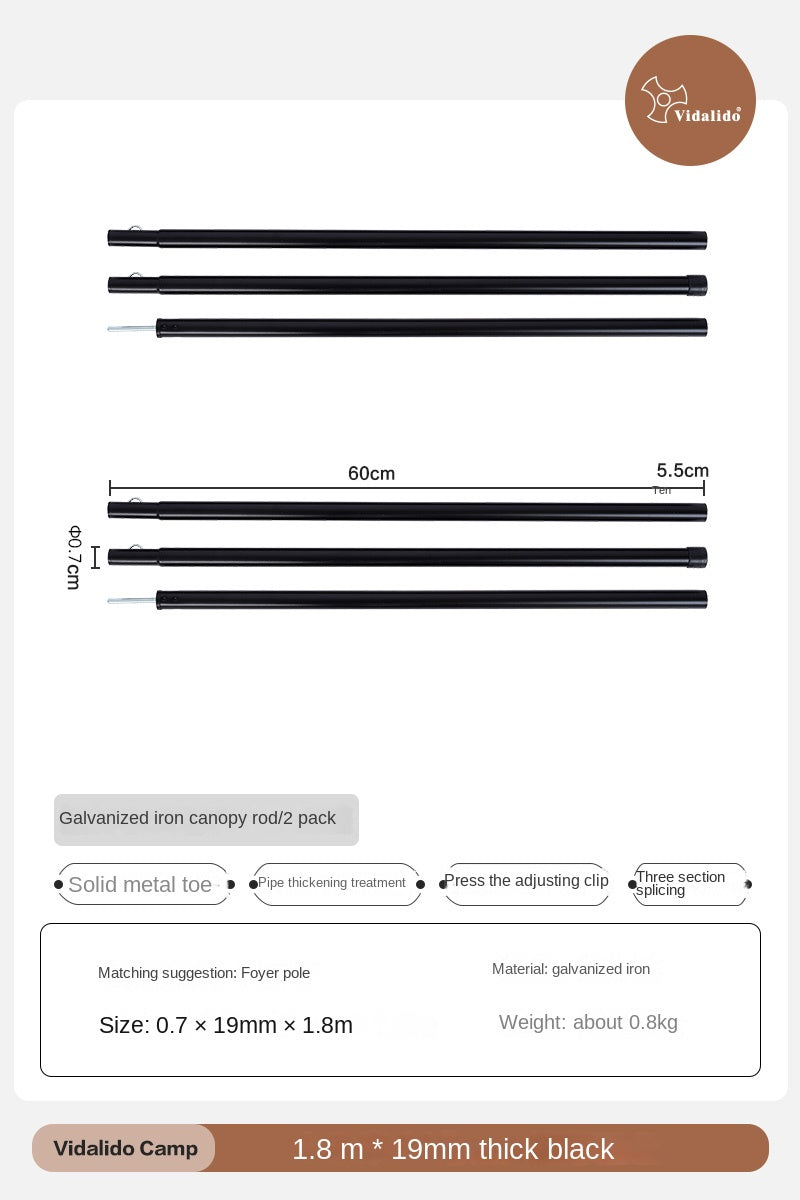 Vidalido Galvanized Iron Canopy Rod Black Steel Iron Awning Pole Tarp Tent 1.8m 2.2m 2.4m 2.8m Length 3-4 Section 2pcs Per Set Camping Accessories Rod
