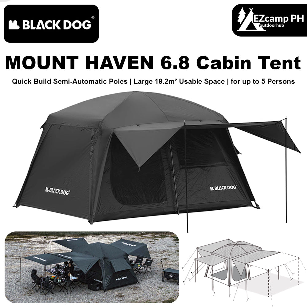 Blackdog MOUNT HAVEN 6.8 Cabin Style Black Tent Large 19.2m² Space for 4-5 Person Titanium Black Coated Waterproof shanting