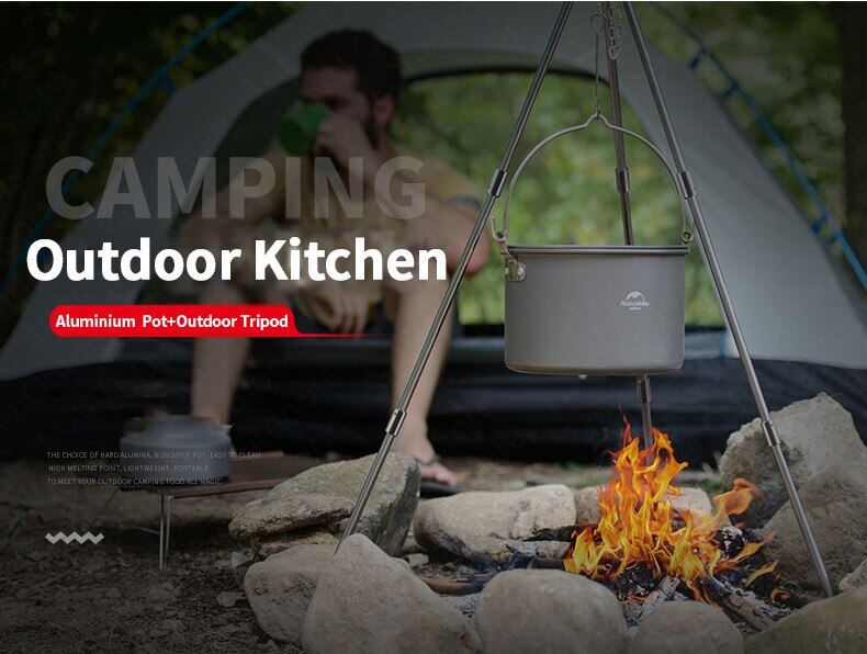 Naturehike 4L Camping Pot Outdoor Portable Ultralight Hanging Picnic Pot Set Hook Hang Tripod 4-6 Person Cookware Tableware Utensils Aluminum Alloy