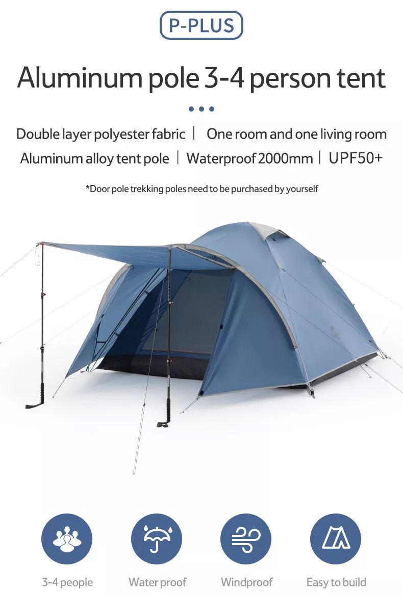 Naturehike P-Plus Professional Series Tent Portable Foldable 3-4 Persons Shelter One Bedroom One Living Room Outdoor Camping Tent Waterproof Windproof