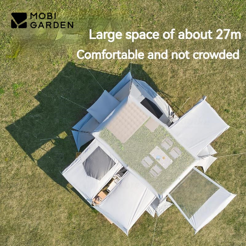 Mobi Garden HOLIDAY 13 Vinyl Coated Version Cabin Style 2 Room Large Fast Build Automatic Tent 27m² Use Space Breathable 4 Door 6 Windows Camping Tent