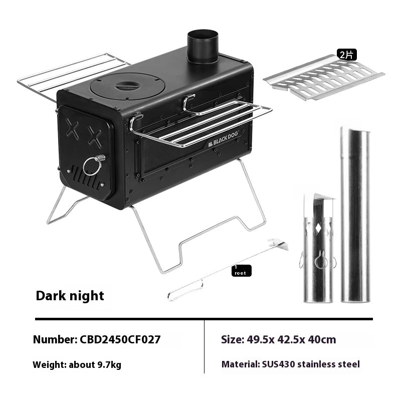 Blackdog FIRE SHADOW Wood Stove Portable Lightweight Wood-Burning Furnace Folding Burner Patio Fireplace 430 Stainless Steel Outdoor Camping Tent