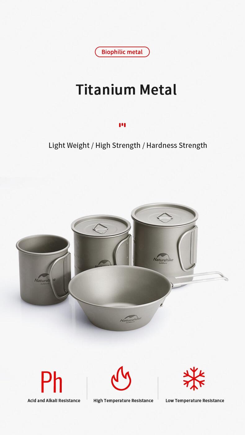 Naturehike 200 300 450 600 ML Ultralight Titanium Cup Shera Bowl Outdoor Camping Picnic Water Coffee Cup Mug Camp Kitchen Table Ware with Lid Cover Foldable Handle Nature Hike