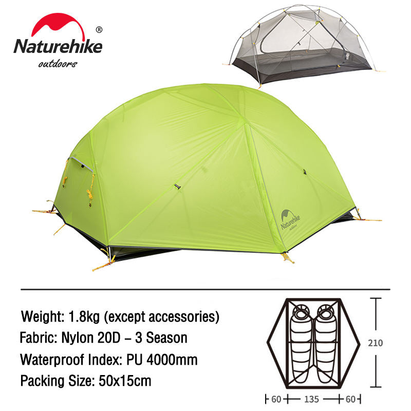 Naturehike MONGAR Series 2 Person 3 Season Camping Backpacking Hiking Ultralight Portable Outdoor Tent Waterproof Windproof 15D 20D Light Weight