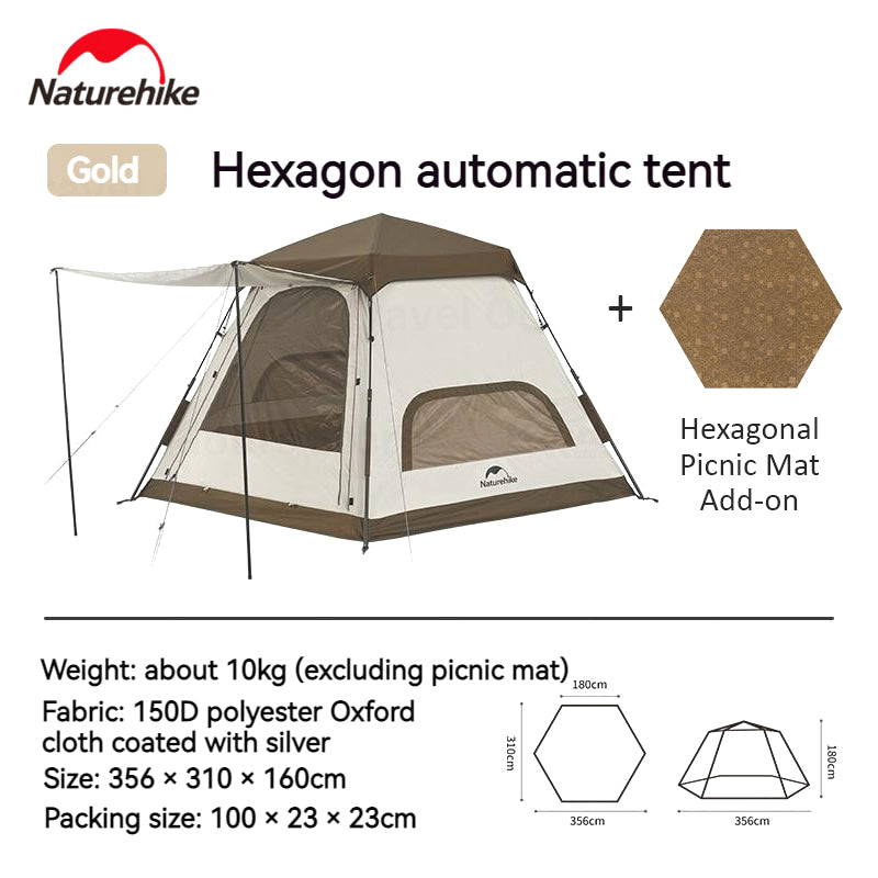 Naturehike HEXAGONAL Quick Built Automatic Tent 4 Person 8.5m² 150D Oxford 2 Door Breathable Mesh Portable Outdoor Camping Shelter with Awning Ango