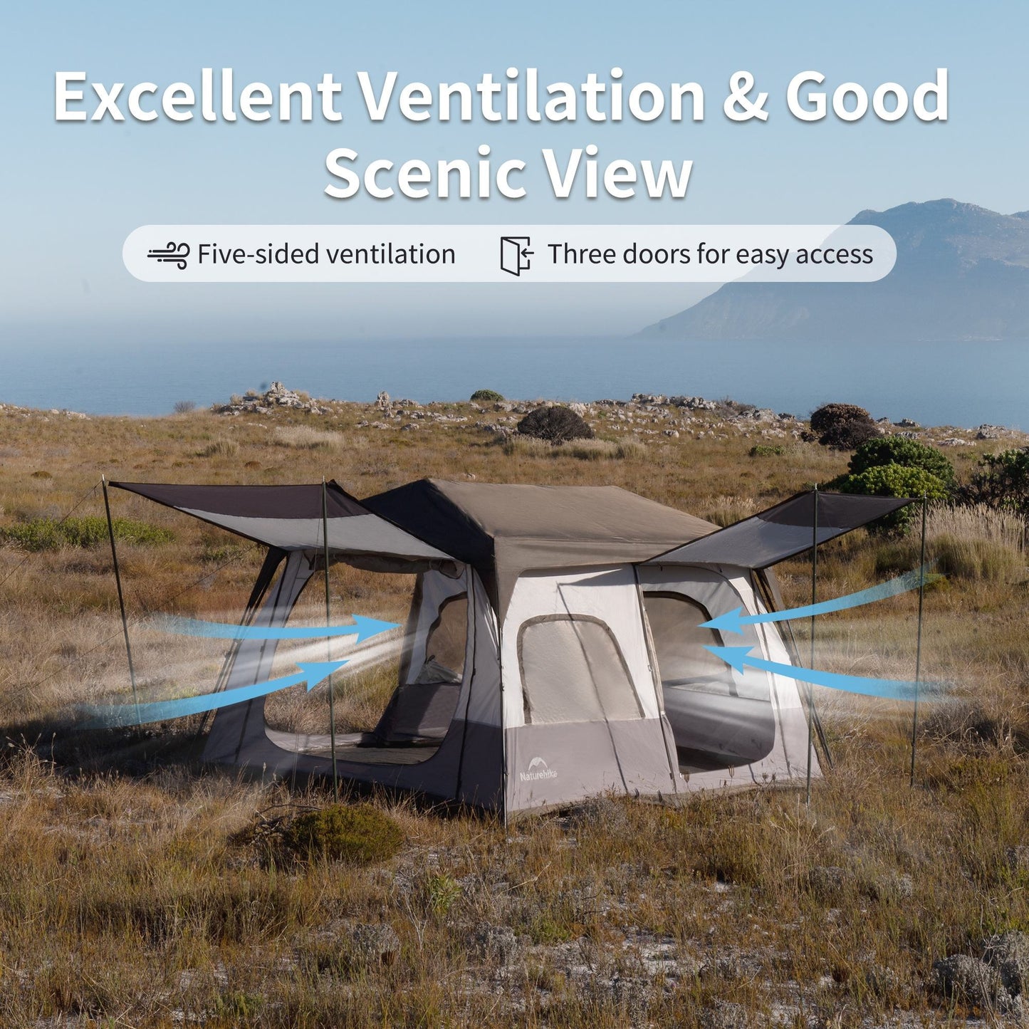 Naturehike CAPE 8.3 Fast Automatic Tent 8.3m² Interior Space Cabin Style 1 Bedroom 3 Door Tent for up to 4-6 Person Outdoor Camping Waterproof Windproof 60s Quick Build Auto Poles Nature Hike village