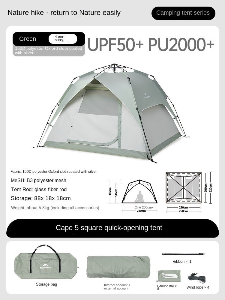 Naturehike CAPE 5 Fast Automatic Pop Up Tent 50+UPF Sun Protection Windproof Family Camping Hiking Travel Picnic Outdoor 3-4 persons Portable Camping Tent Heavy Duty Original Nature Hike