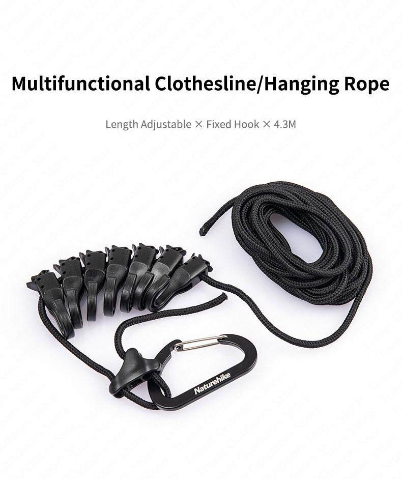 Naturehike 4.3m Multi-Functional Hanging Rope Portable Adjustable Awning Windproof Camping Accessories Outdoor Travel Canopy Tarp Pole Hang String Hook