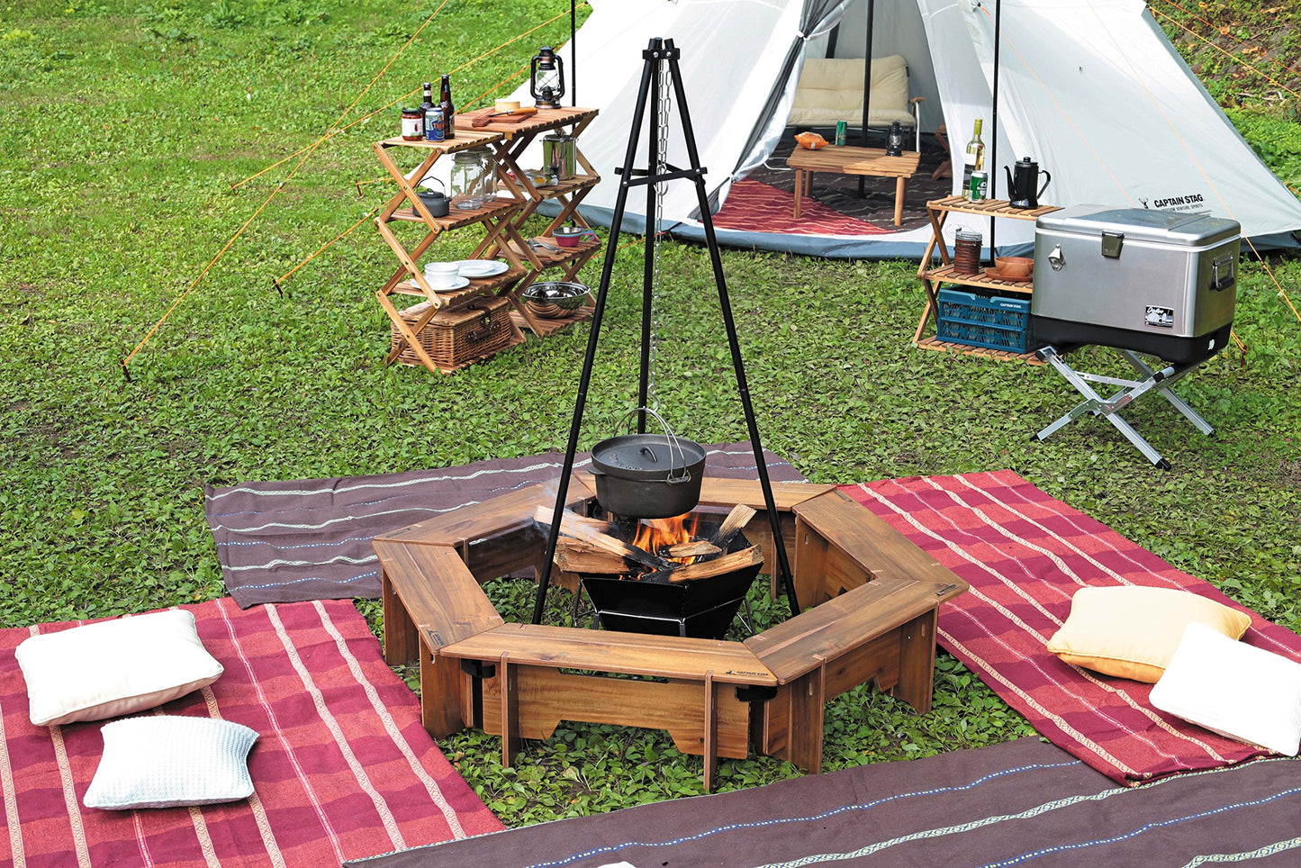 CAPTAIN STAG UP-1038 Modular Hexa Grill Table Set Portable Multi-Setup Folding Outdoor Camping BBQ Bonfire Table Natural Wood Veneer Plywood Table Set
