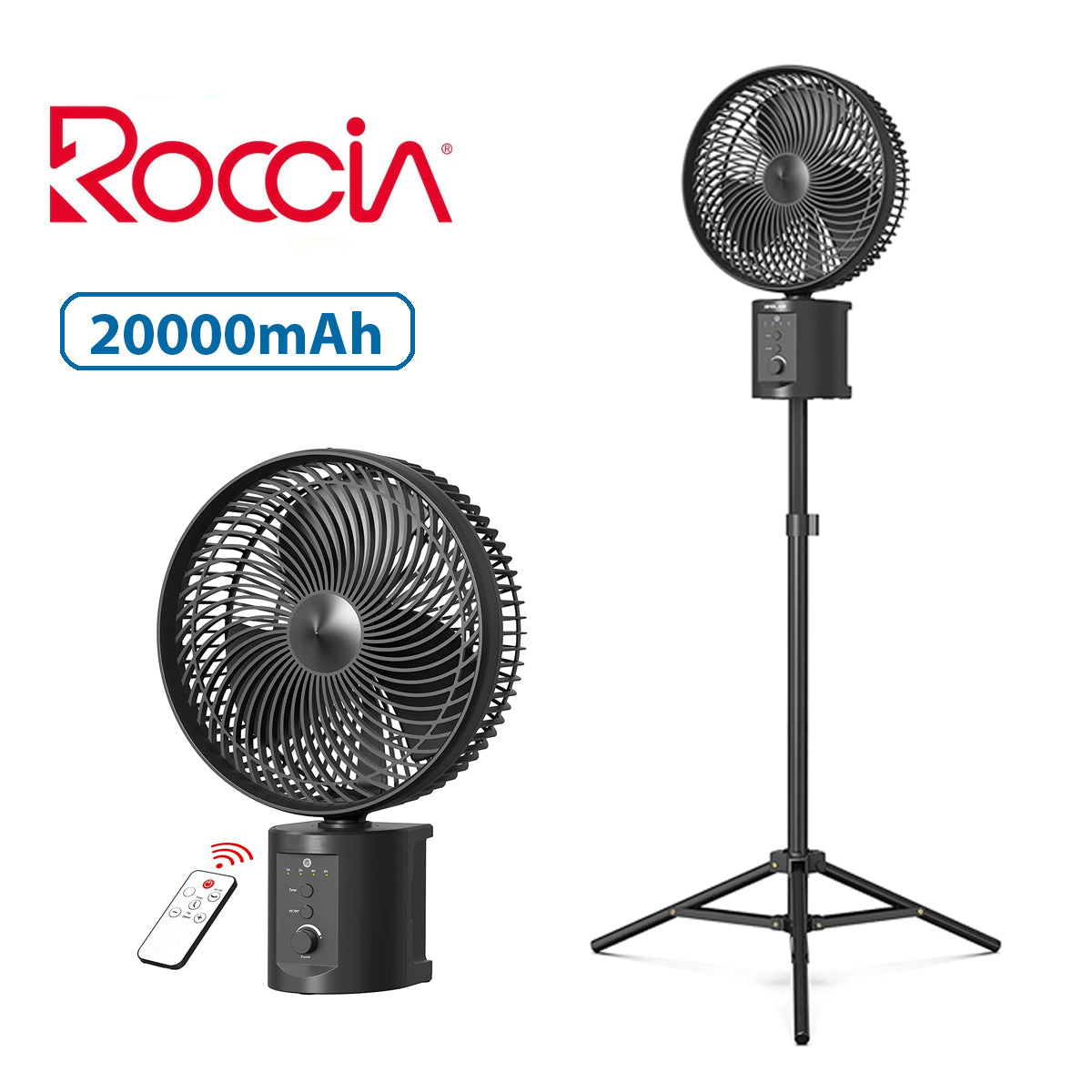 OPOLAR | ATEnge | ROCCIA Oscillating Rechargeable Fan w/Remote Super Strong 7 Speeds 2 in 1 Unique Design 20000mAh (2*10000mAh) 10 Inch Cordless Battery Operated Fan