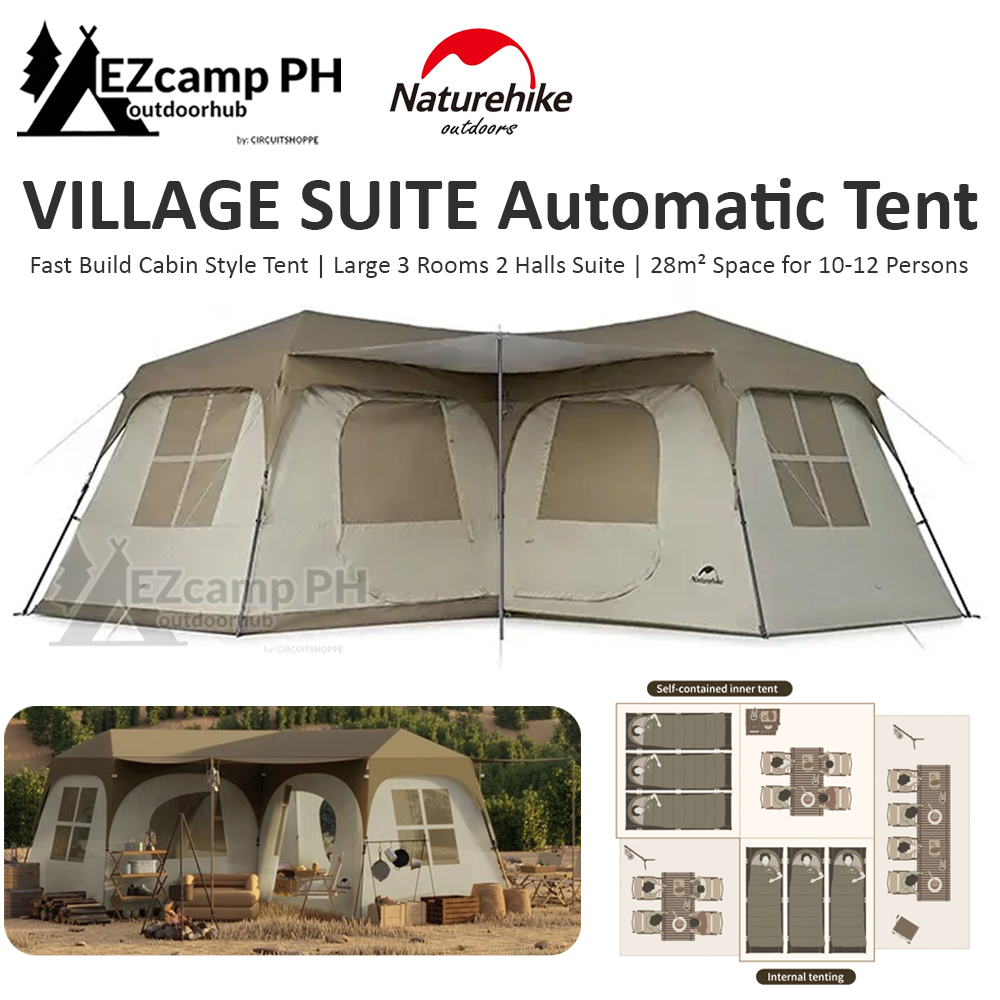 Naturehike VILLAGE Series SUITE Automatic Fast Build 3 Rooms 2 Hall Extra Large Villa Cabin Style Glamping Tent Waterproof 28m² Space for 12 Persons