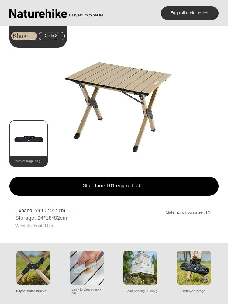 Naturehike STAR JANE T01 Egg Roll Table Portable Foldable Small Medium Large Sizes 150kg Max Load Folding Table Carbon Steel Black Khaki Carbon Steel Heavy Duty