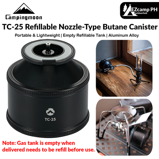CAMPINGMOON TC-25 Refillable Nozzle-Type Butane Canister Black Empty Mini Pocket Tank Standard Gas Stove Lamp Lantern Torch Cassette Premium Aluminum