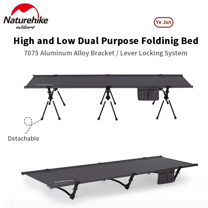 Naturehike High Low Adjustable Folding Bed Easy Assemble Sleeping Military Grade Cot Ultralight Heavy Duty Load up to 150kg Foldable with Storage Bag