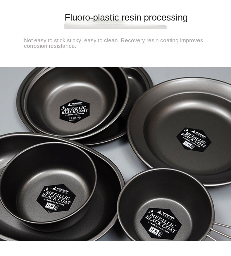 CAPTAIN STAG Metallic Black Coat Tableware Portable Lightweight Dish Plate Bowl Utensil Outdoor Camping Cooking Equipment Made in Japan