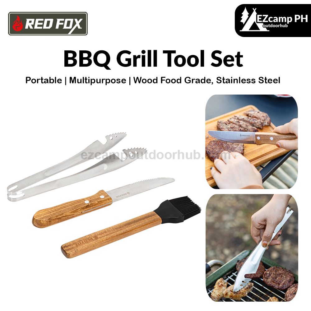 Redfox BBQ Grill Tool Set Portable Lightweight Multipurpose Knife Tong Clip Oil Brush Set For Outdoor Camping Picnic Utensil Barbecue Wood Food Grade
